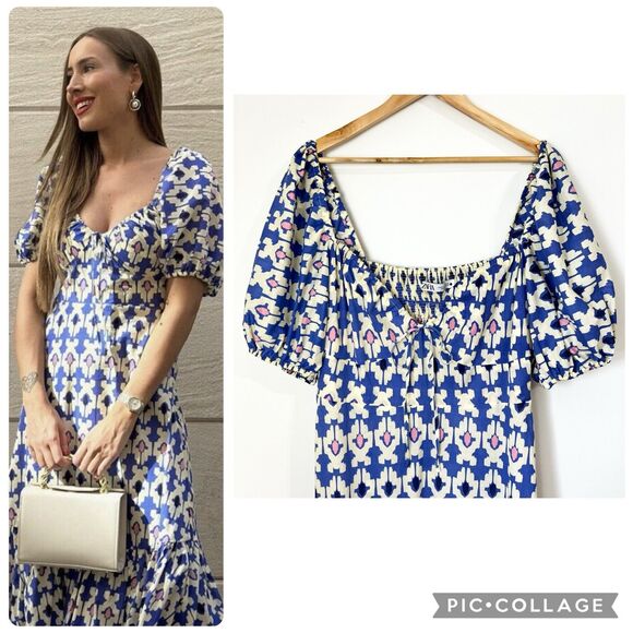 Zara Midi Maxi Dress Blue Ivory Pink Blogger Fave Women’s XL Puff Sleeve - Picture 2 of 15